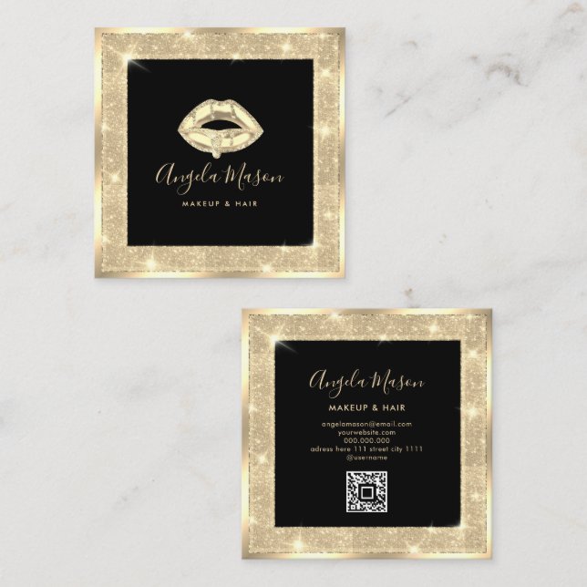 Cartão De Visita Quadrado Makeup Artist Chic Salon QR Code Dourado Exclusivo (Frente/Verso)