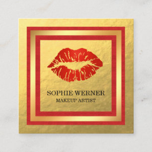Cartão De Visita Quadrado Makeup Artist Dourado Red Lábios Blush
