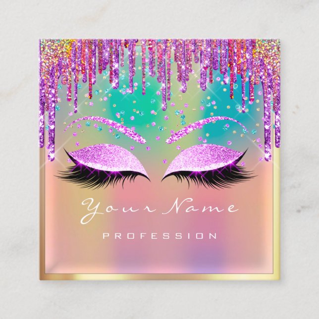 Cartão De Visita Quadrado Makeup Artist Eyelash Pink Glitter Drives Roxo (Frente)