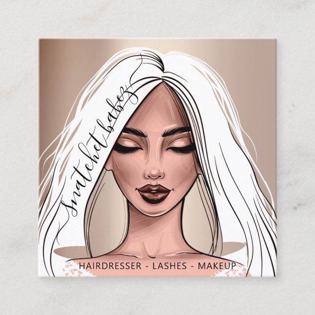Cartão De Visita Quadrado Makeup Artist Eyelashes Cabelo Brota Rosa White Sq (Frente)
