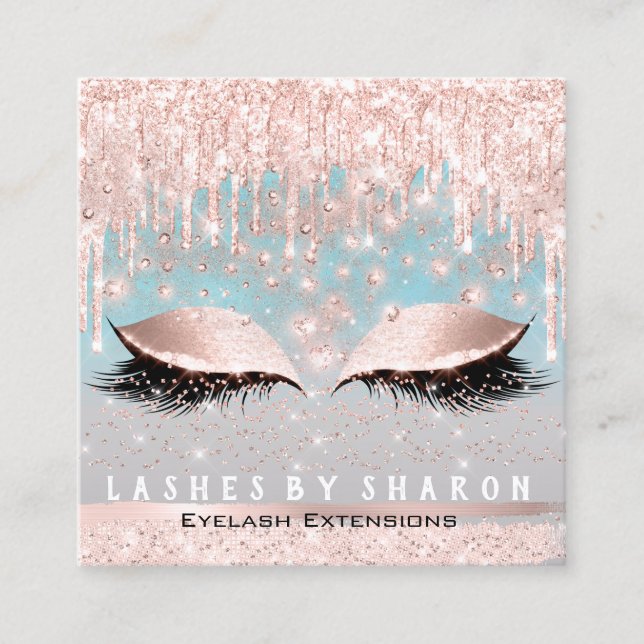 Cartão De Visita Quadrado Makeup Artist Eyes Lashes Crystal Drives Rosa Blue (Frente)