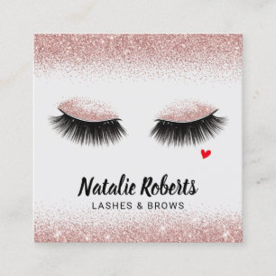 Cartão De Visita Quadrado Makeup Artist Lashes Rosa Dourada Glitter Salon
