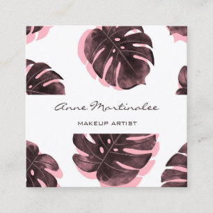 Cartão De Visita Quadrado Makeup Artist Pink e Black Monstera Leaf