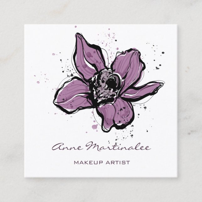 Cartão De Visita Quadrado Makeup Artist Purple Watercolor Flower (Frente)