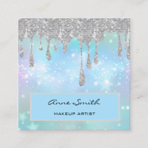 Cartão De Visita Quadrado Makeup Artist Silver Glitter Drivers on Blue
