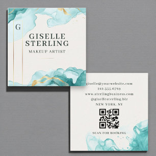 Cartão De Visita Quadrado Makeup Artist Teal Blue Watercolor Código QR