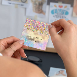 Cartão De Visita Quadrado Makeup Artist Unhas Unicorn Dourado Holograph Rosa