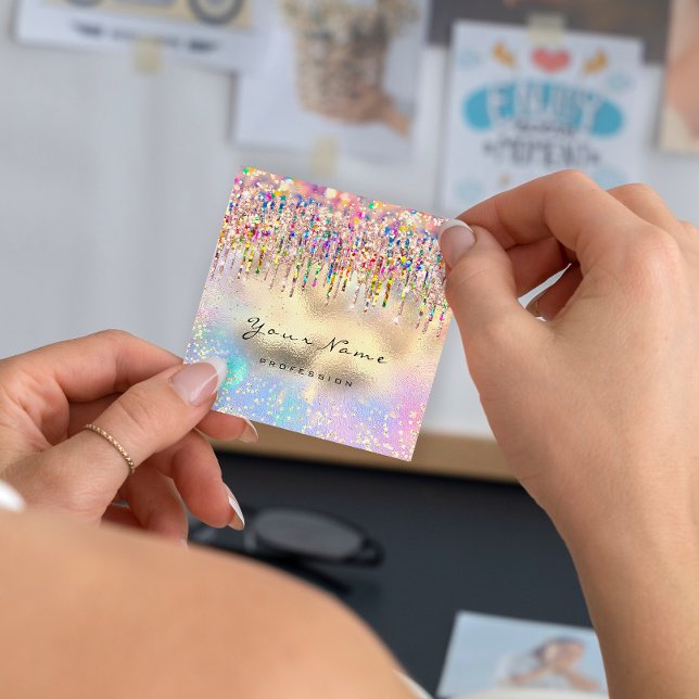 Cartão De Visita Quadrado Makeup Artist Unhas Unicorn Dourado Holograph Rosa (Makeup Artist Nails Unicorn Gold Holograph Rose Square Business Card)