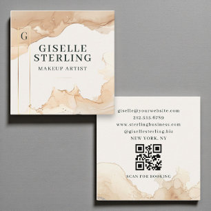 Cartão De Visita Quadrado Makeup Artist Watercolor QR Code Beige Gold Foil