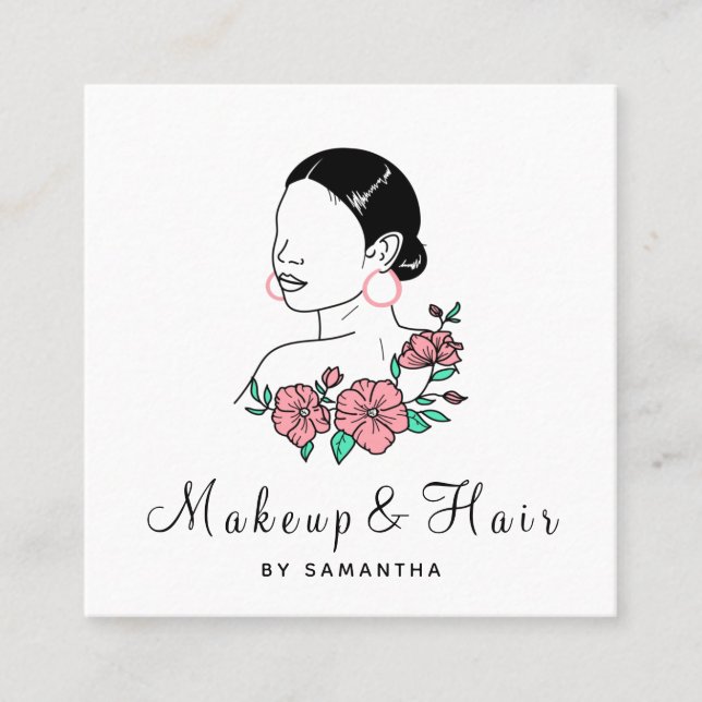 Cartão De Visita Quadrado Makeup & Hair Bonito Mulher Latina Moça Floral (Frente)