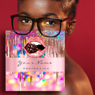 Cartão De Visita Quadrado Makeup Unhas Rosa Holograph Drives Lábios de Beijo