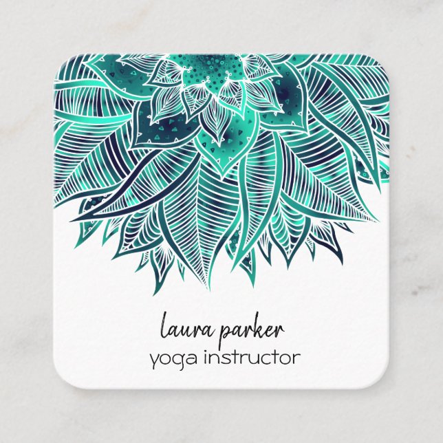 Cartão De Visita Quadrado Mandala Elegante Boho Paisley Teal Art Yoga (Frente)