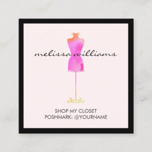 Cartão De Visita Quadrado Manequin de Vestido de Aquarela Rosa Vendedor II