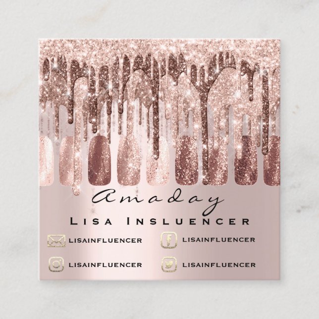Cartão De Visita Quadrado Manicure Nail Artist Glitter Social Rosa (Frente)