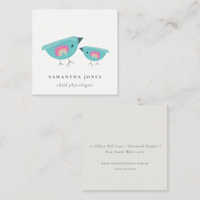 Cartão De Visita Quadrado Mão Bonita Desenhada Arco-Íris Azul Mãe Bebê (Frente/Verso)