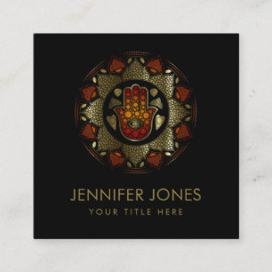 Cartão De Visita Quadrado Mão de Hamsa - Mão de Fátima em Lotus mandala