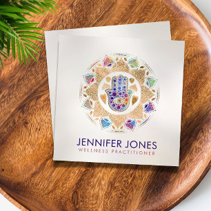 Cartão De Visita Quadrado Mão de Hamsa - Mão de Fátima em Lotus mandala