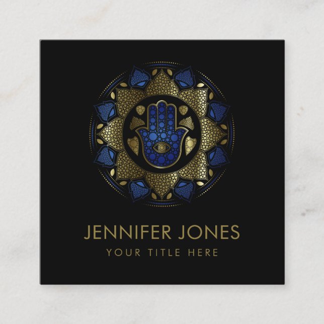 Cartão De Visita Quadrado Mão de Hamsa - Mão de Fátima em Lotus mandala (Frente)
