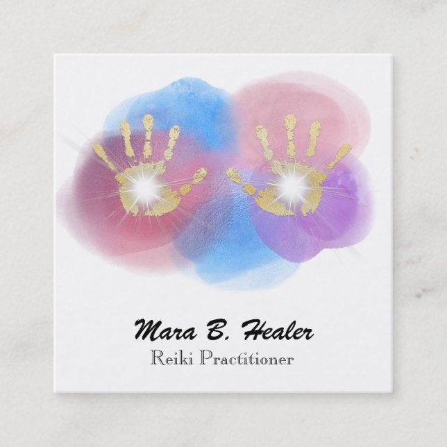 Cartão De Visita Quadrado Mãos curas Dourados de Reiki da folha do *~* que (Frente)
