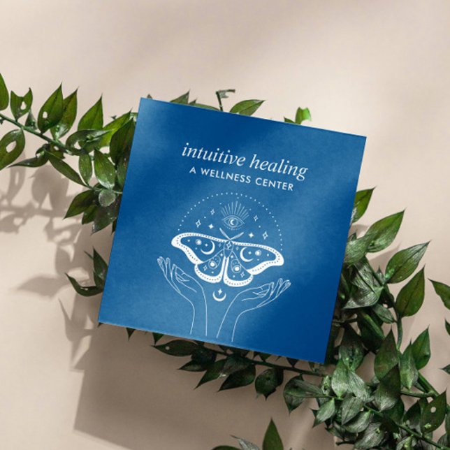 Cartão De Visita Quadrado Mãos, Lua, Lua, Ioga Espiritual (celestial logo intuitive healing business cards with hands and crescent moon)