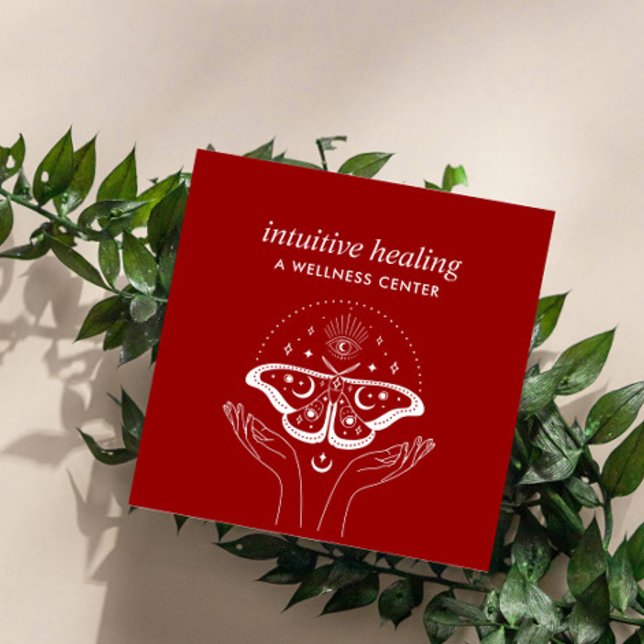 Cartão De Visita Quadrado Mãos, Lua, Lua, Ioga Espiritual (life coach business card with evil eye hands and moth and crescent moon)