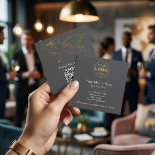 Cartão De Visita Quadrado Mapa Mundial de Aventura Moderna QR Nômade Digital