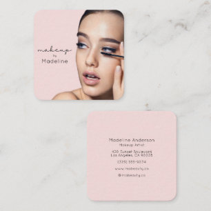 Cartão De Visita Quadrado Maquiagem com Foto em Rosa Bege e Preto com Letra