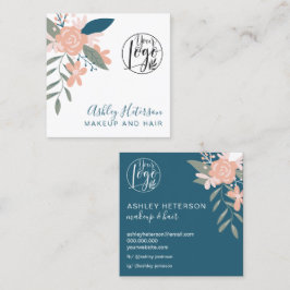 Cartão De Visita Quadrado Maquiagem de cabelo de logotipo azul-rosa floral e
