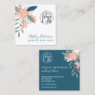 Cartão De Visita Quadrado Maquiagem de cabelo de logotipo azul-rosa floral e