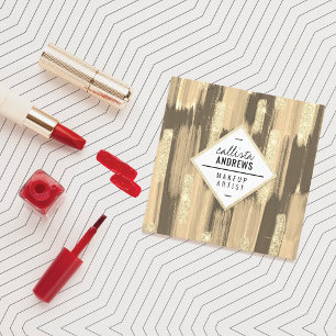 Cartão De Visita Quadrado Maquiagem de pincéis de tinta Dourada preta