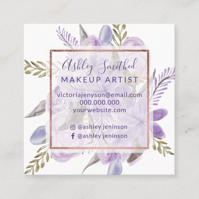 Cartão De Visita Quadrado Maquiagem de rosa floral de lavanda roxo (Frente)