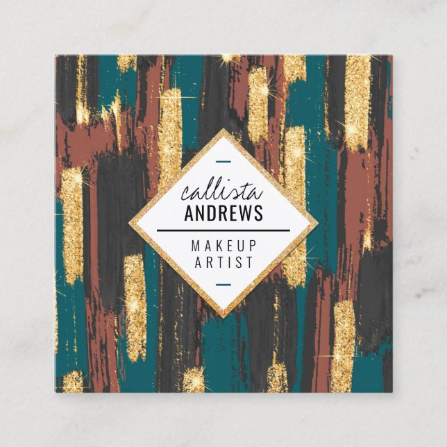 Cartão De Visita Quadrado Maquiagem de Tinta Dourada Glitter Preta Preta Azu (Frente)