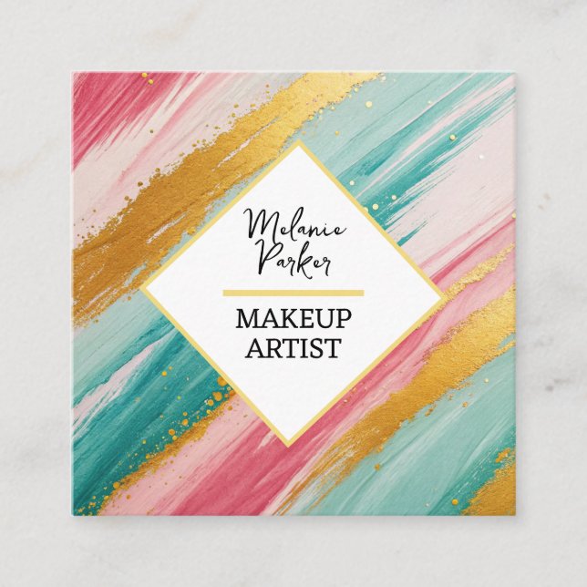 Cartão De Visita Quadrado Maquiagem de Tinta Dourada Luminosa Rosa (Frente)