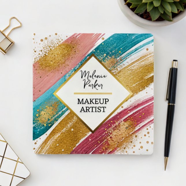 Cartão De Visita Quadrado Maquiagem de Tinta Dourada Luminosa Rosa (Criador carregado)