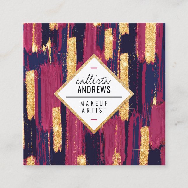 Cartão De Visita Quadrado Maquiagem de Tinta Dourada Luminosa Roxa-Mole Azul (Frente)
