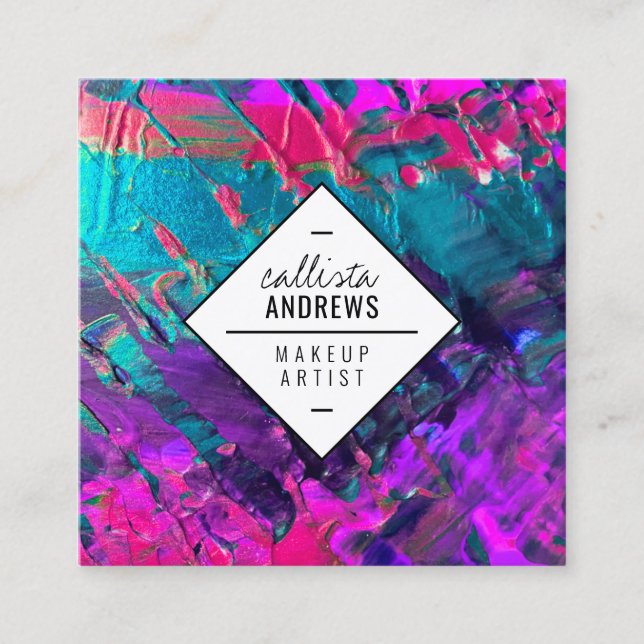 Cartão De Visita Quadrado Maquiagem de Tinta Metálica Púrpura Neon-Rosa (Frente)