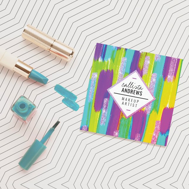 Cartão De Visita Quadrado Maquiagem de Tinta Verde Amarela Neon Roxo Amarelo (Criador carregado)
