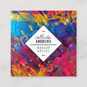 Cartão De Visita Quadrado Maquiagem de Tintas Douradas  Púrpuras Neon Rosa A