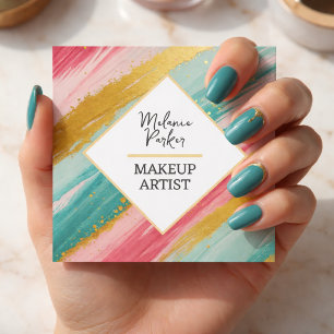 Cartão De Visita Quadrado Maquiagem Tinta Brilho Dourado Rosa Verde Água