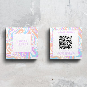 Cartão De Visita Quadrado Marble Purple Pastel Agate QR Code Girly Rainbow