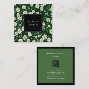 Cartão De Visita Quadrado Margarida Branca Verde Moderno Boho Flor Florista