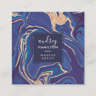 Cartão De Visita Quadrado Marinho azul mármore rosa ouro maquiagem moderna