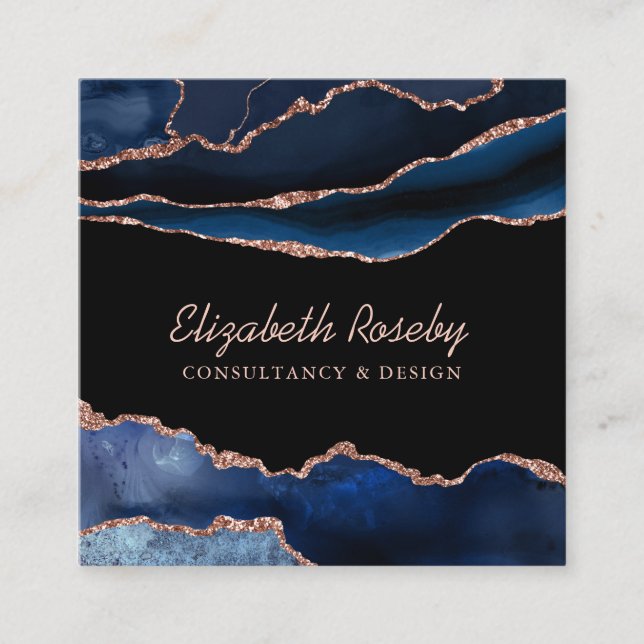 Cartão De Visita Quadrado Marinho azul Rosa Dourado Agate Geode (Frente)