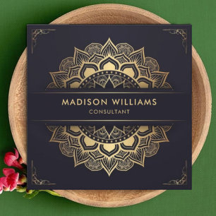 Cartão De Visita Quadrado Marinho Escuro Azul Dourado Mandala Professional