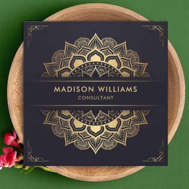 Cartão De Visita Quadrado Marinho Escuro Azul Dourado Mandala Professional (Custom Dark Navy Blue Gold Mandala Professional Square Business Card)
