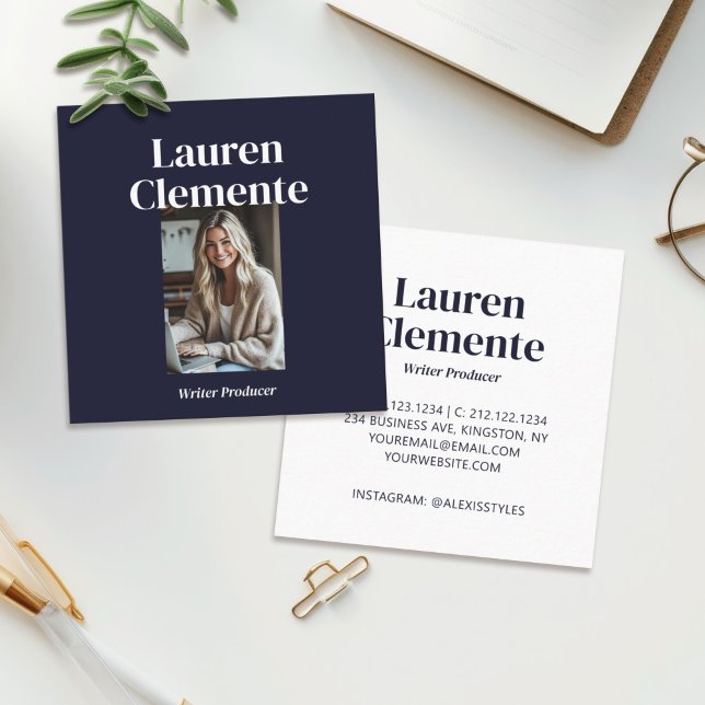 Cartão De Visita Quadrado Marinho Escuro Elegante de Foto Simples e Crispo M (Criador carregado)