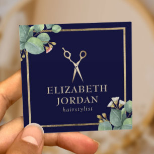 Cartão De Visita Quadrado Marinho Hair Stylist & Dourado Salon Vintage Botân
