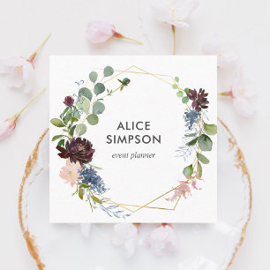 Cartão De Visita Quadrado Marinho Moderno Azul Borgonha Geométrica Floral