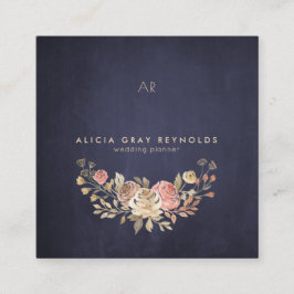 Cartão De Visita Quadrado Marinho Monograma Planner Floral de Casamento com 
