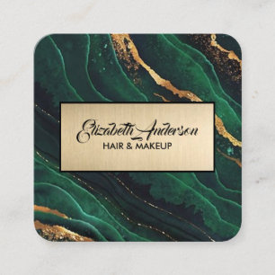 Cartão De Visita Quadrado Marinho Verde e Dourado Glitter Marble Agate Moder